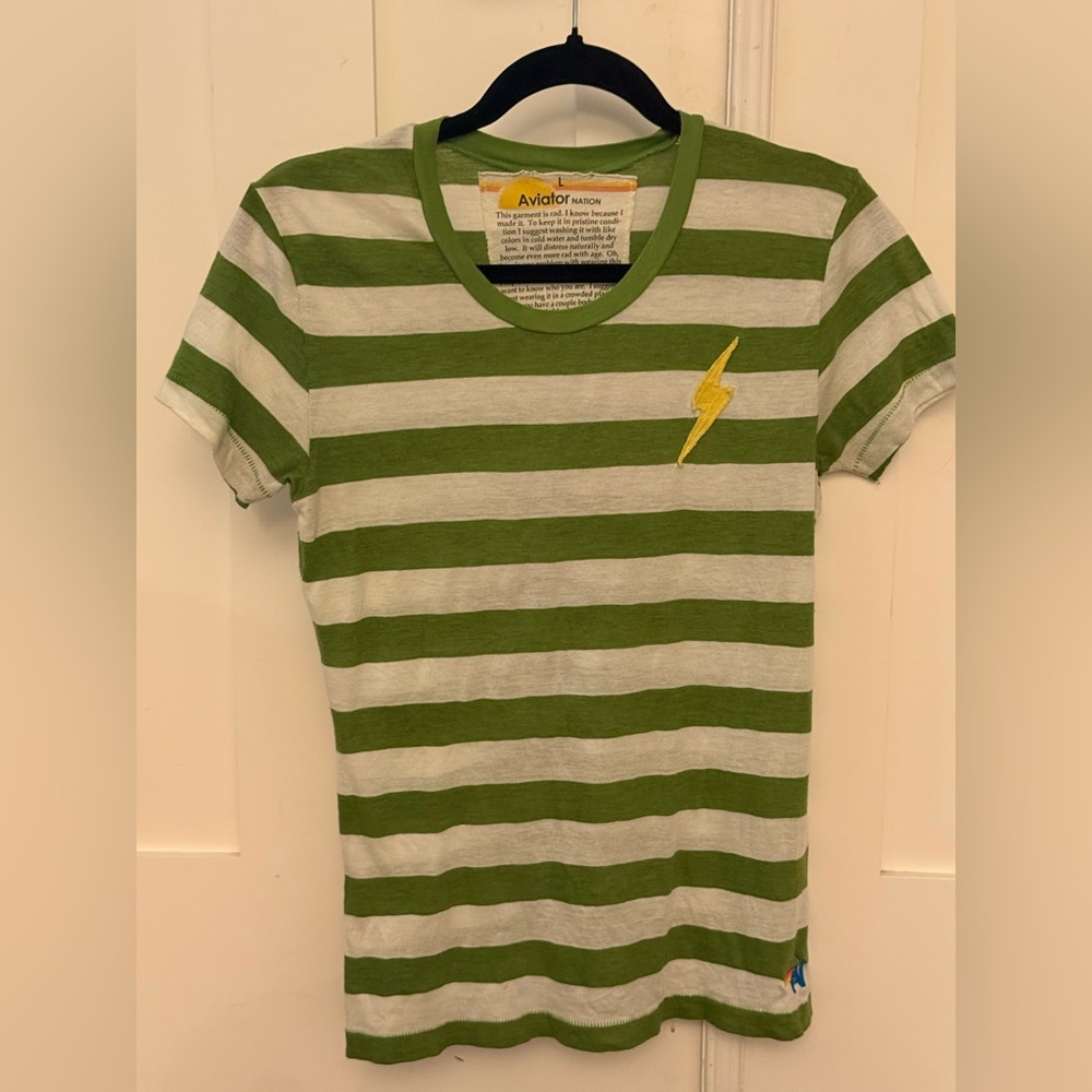 Aviator Nation Green & White Striped Lightning Short Sleeve Tee sz L RARE